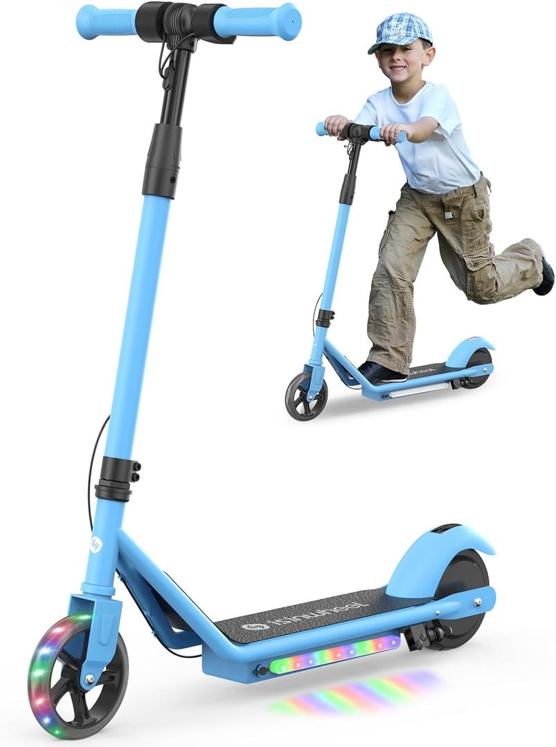 isinwheel Electric Scooter for Kids Ages 6-12, 150W Motor, 6/10 MPH Speeds, Colorful Lights, Adjustable Height, Kids Electric Scooter with Dual Brake & Thumb Throttle Great Gift for Boys & Girls (Blue)