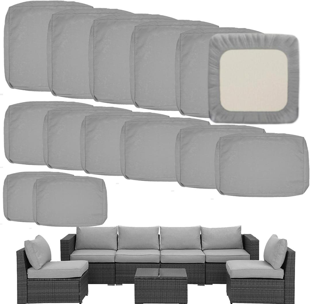 Outdoor Cushion Covers Replacement 14 Pcs Patio Cushion Covers fit for 7Pieces 6-Seater Wicker Rattan Sectional Couch Sofa Outdoor Cushion Slipcovers Set Seat and Back Cover Only, Grey