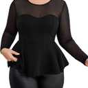 MakeMeChic Women's Plus Size Cocktail Tops Mesh Sheer Peplum Ruffle Hem Leopard Long Sleeve Slim Fitted Elegant Tee Shirt LG