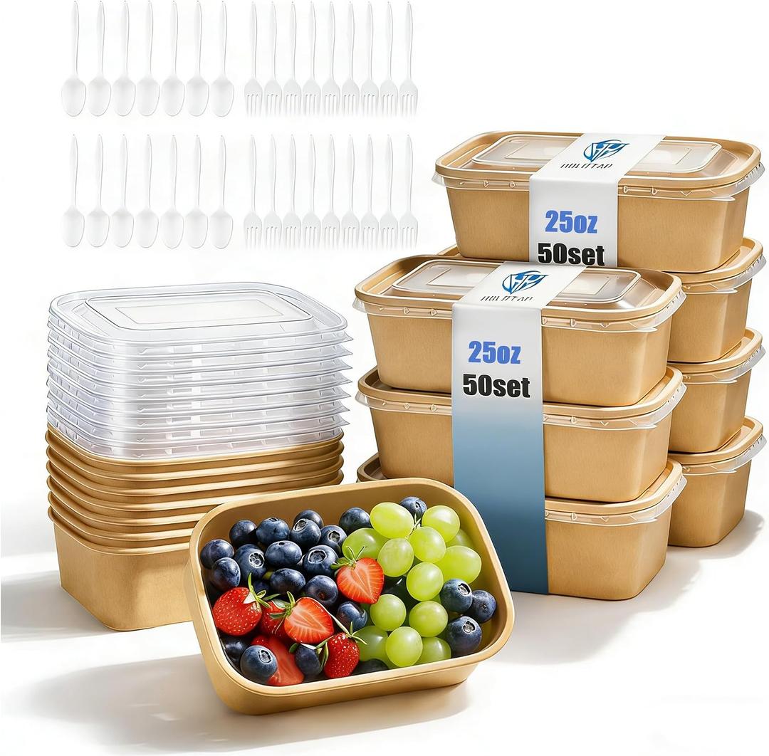 Holotap 50 Pack 25 OZ Disposable Kraft Paper Bowls with Lids【with Spoons and Forks】,Disposable Food Containers, Microwave Safe for Hot Soup, Disposable Meal Prep Containers for Restaurant Supplies
