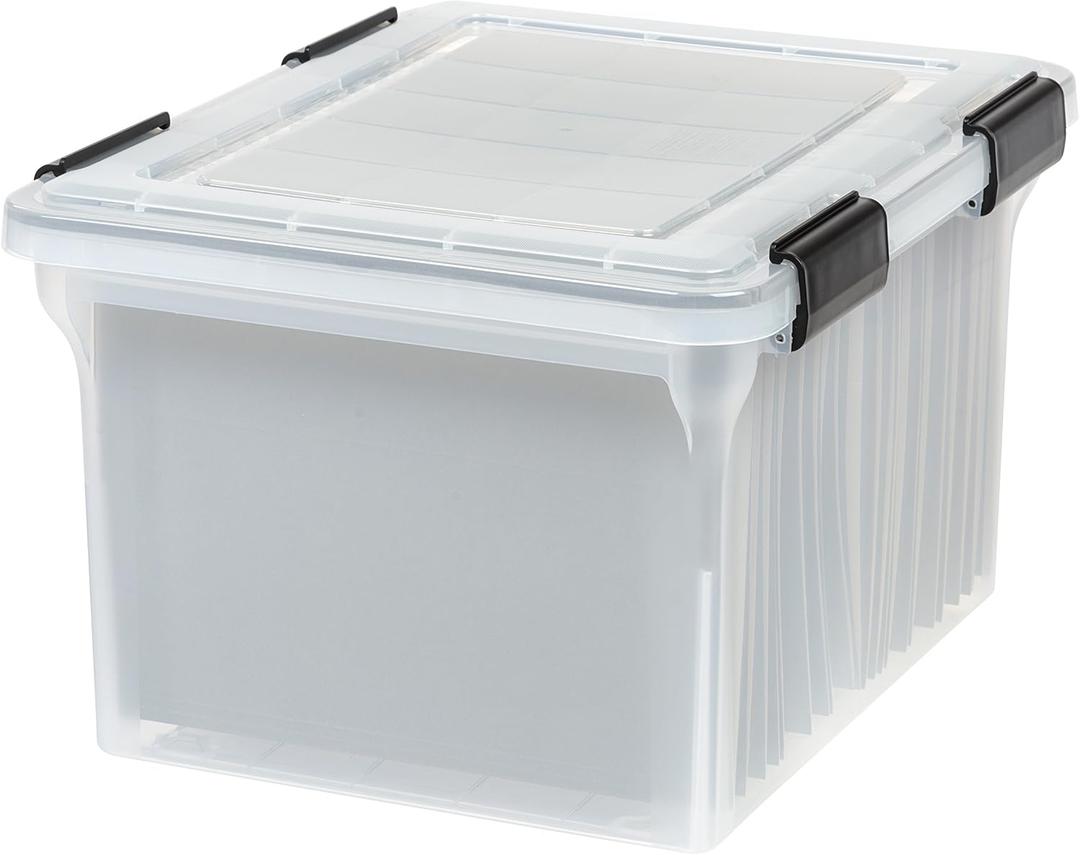 IRIS USA File Box WeatherPro Organizer Plastic for Letter/Legal, Water Resistant Document, Durable Lid, Seal w/Secure Latching Buckles, Stackable, Nestable, Clear 32 Qt. 1 Pack