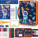 Space Markers Set with Glitter Pencil Case & Stationery, Art Supplies for Kids Ages 4-6-8, Arts Crafts Travel Coloring Kit for Boys 4 5 6 7 8 Year Old Birthday Gifts
