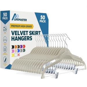 Lifemaster Velvet Skirt Hangers – with Adjustable Clips, 360 Degree Swivel Hook, and Non-Slip Shoulder Notch, Holds Up to 10 lbs, for Organizing Skirt, Pants, Dress, and Clothes, Pack of 50, Green