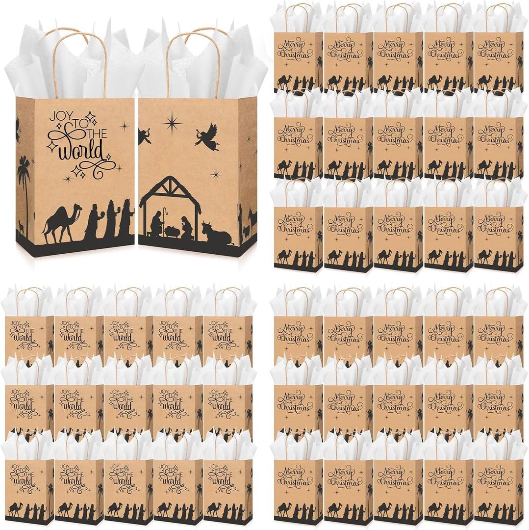 Kolldenn 50 Set Christmas Nativity Gift Bags Christian Kraft Paper Bags Joy to The World Christmas Goodie Boxes with Tissue Paper Religious Gift Boxes for Xmas Holiday Holy Nativity Party, 2 Styles