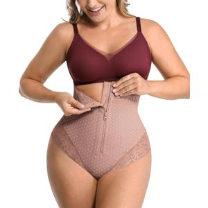 SHAPELLX Tummy Control Thong Shapewear for Women Shaping Thong Body Shaper Underwear with Hook Zipper Closure (Small, Mauve Brown)