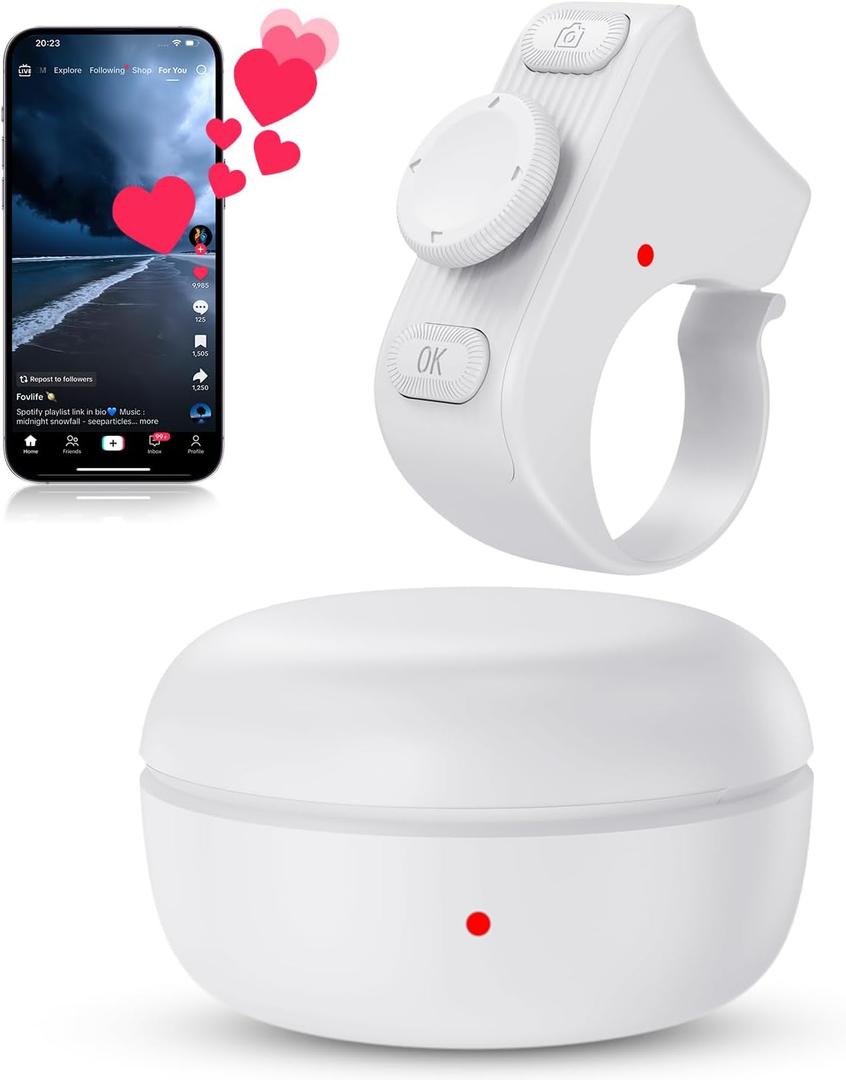 [New Upgrade, Easy to Use] TikTok Scrolling Ring Remote Control, Camera Shutter Remote, Wireless Bluetooth Scrolling Ring for iPhone, iPad, iOS, Android - Light White