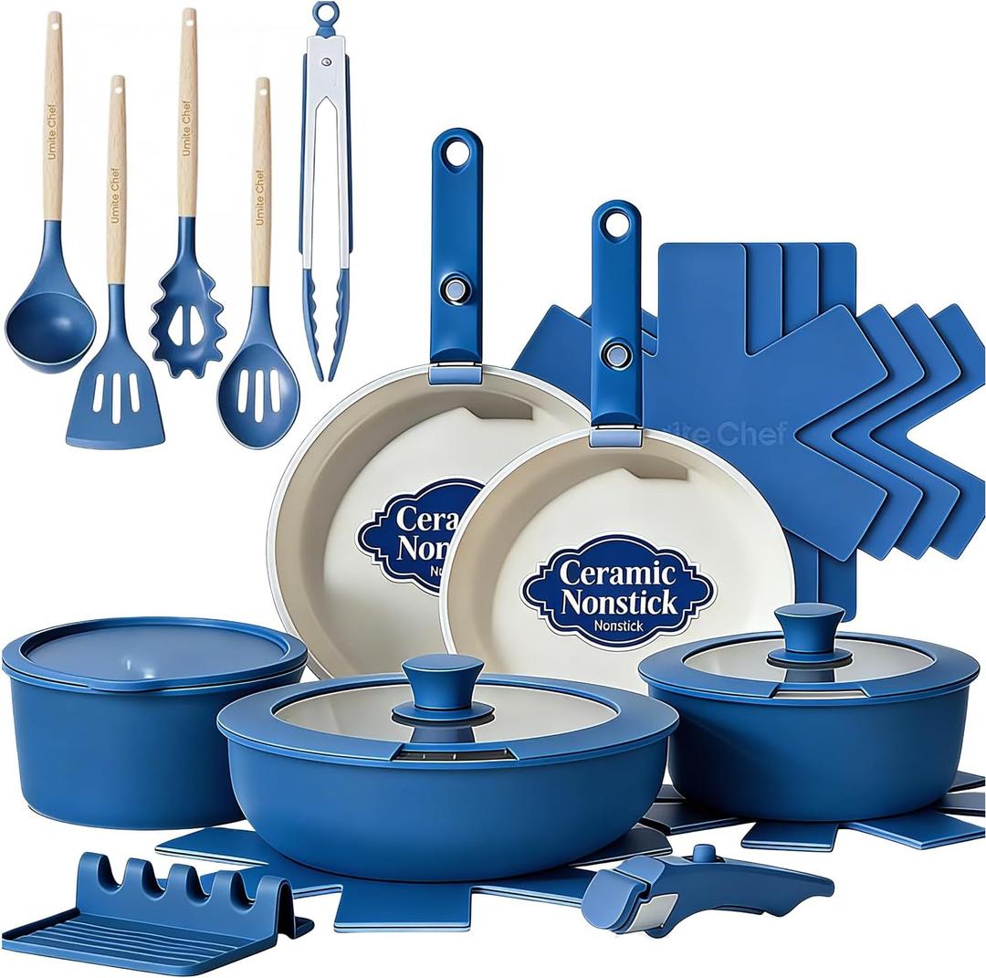 Umite Chef Pots and Pans Set Non Stick, 21 pcs Ceramic Cookware Set with Detachable Handles, Healthy Induction Cookware Oven Safe RV Kitchen Cooking Set with Utensils, PFAS PFOA & PTFE Free, Navy, Large