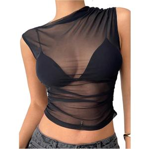 Milumia Women's Sheer Mesh Top Ruched See Through Tank Crop Top Rave Outfits (S, Black)