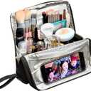 standing Makeup Bag, Compact Yet Spacious Cosmetic Organizer, Waterproof Toiletry Bag with Divider, Brush Holder, Upright Design & Phone/Mirror Holder, Portable Travel Case,black
