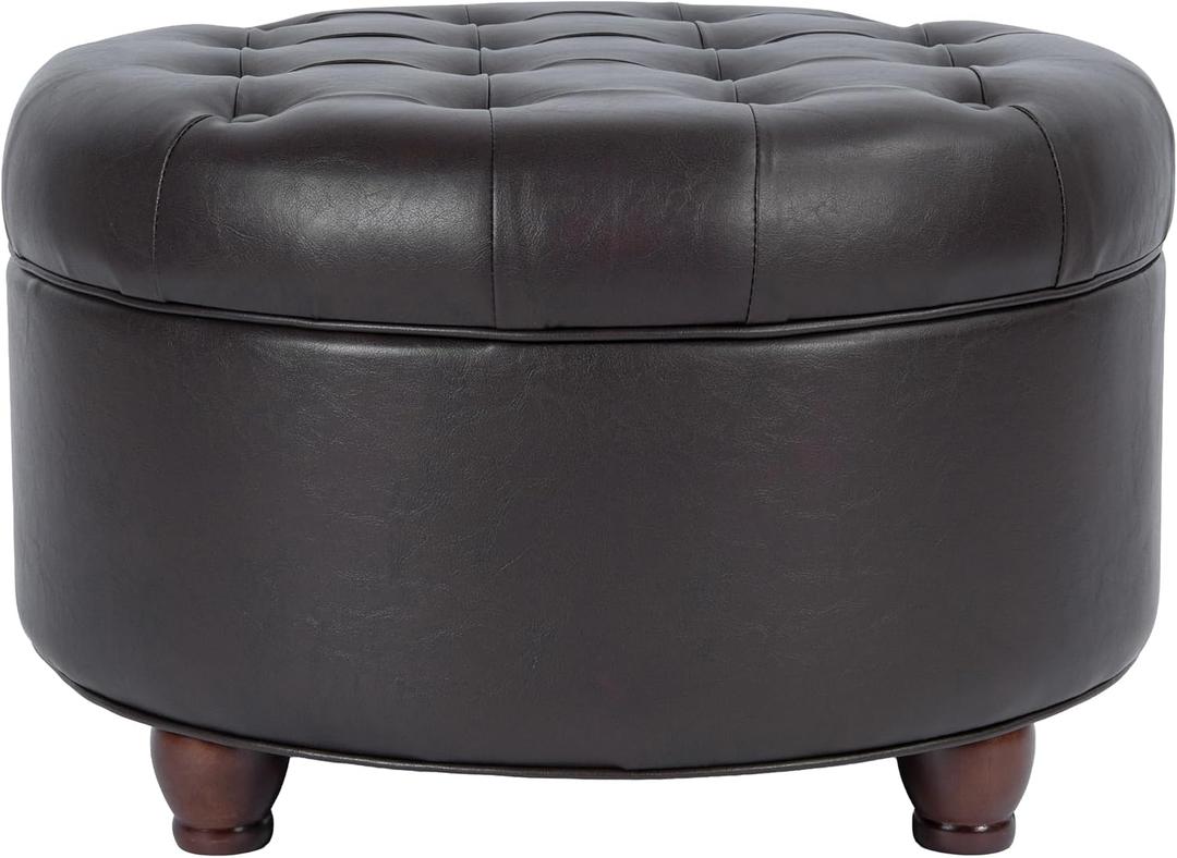 Homepop Home Decor | Button Tufted Faux Leather Round Storage Ottoman | Ottoman with Storage for Living Room & Bedroom (Distressed Brown), 25"D x 25"W x 15"H