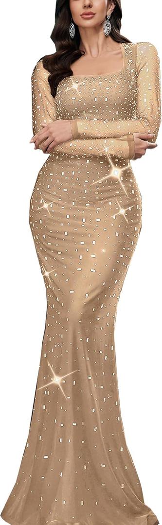 Women's Formal Evening Gown Elegant Rhinestone Long Prom Dress Wedding Guest Party Cocktail Bridesmaid Maxi Dress (Medium, #1 Beige)