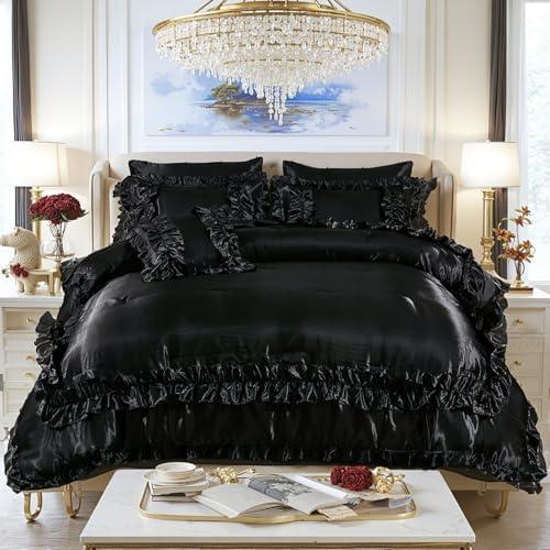MOVE OVER Black Silky Comforter Set 1 Piece Silk Like Satin Comforter Bed in a Bag Queen Size Soft and Silky Luxury Satin Bedding Set Vintage Ruffle Bedding Comforter Set for Bedroom Decor, Only Blanket.