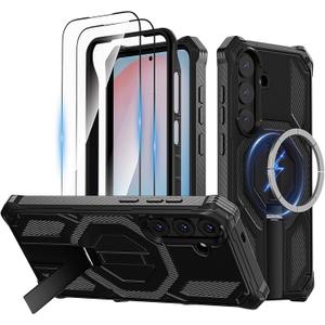 for Samsung Galaxy S24 FE Magnetic Case with Stand & Screen Protector [Compatible with MagSafe] Non Slip Full Body Double Layer Heavy Duty Military Grade Shockproof Protection Cover, Black