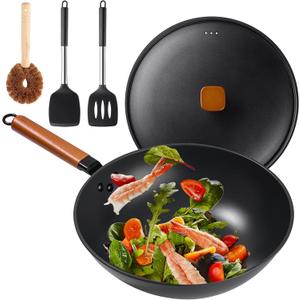 Wok Pan with Lid - 13" Nonstick Wok, Carbon Steel Woks & Stir-Fry Pans with Cookwares, Flat Bottom Chinese wok for Electric, Induction and Gas Stoves