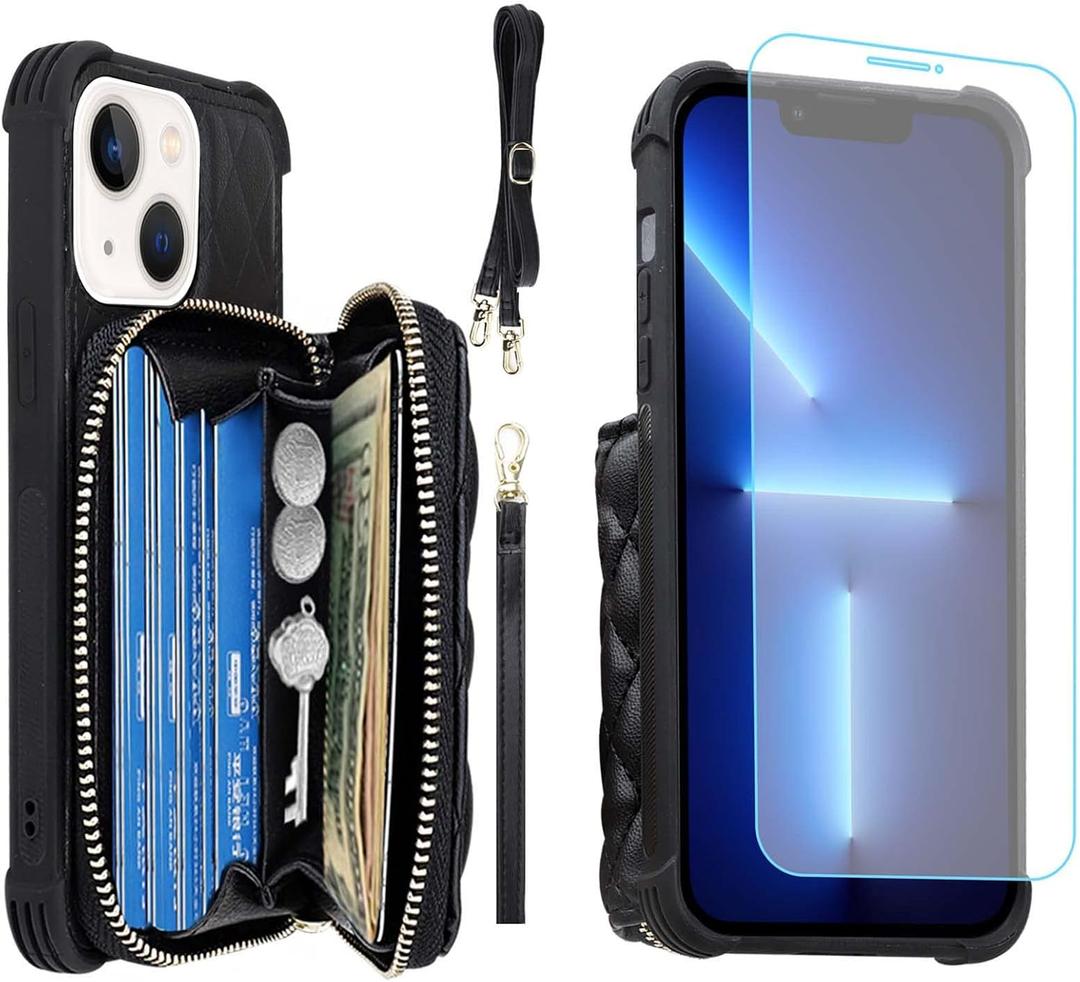 MONASAY Zipper Wallet Case Fit for iPhone 13,[Glass Screen Protector ][RFID Blocking] Flip Leather Handbag Phone Cover with Card Holder and Detachable Crossbody Shoulder Lanyard Strap, Black