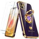 Nonional Compatible for iPhone 12 Case with 2 Pack Screen Protector, 360° Rotatable Ring Holder [Luxury Hearts Pattern] Plating Gold Edge Slim Soft Phone Cover Case for iPhone 12 - Purple