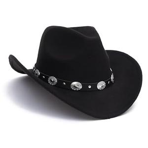 CXQRR Black Cowboy Cowgirl Hat for Women Men Western Style Wide Brim Felt Fedora Panama Hat with Detachable Belt Buckle