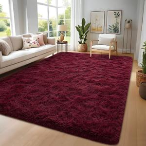 Nuttumico Burgundy Fluffy Shag Area Rug for Living Room Bedroom, 6x9 Feet Ultra Soft Indoor Modern Plush Fuzzy Rug, Thickened Carpet for Kids Playroom, High Pile, Non Slipping (Wine Red)