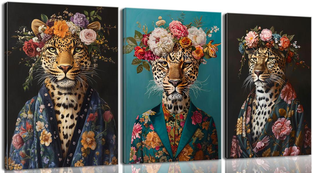 Bathroom Leopard In a Bathrobe Wall Art Maximalist Eclectic Cheetah Posters Pictures Animals And Flowers Canvas Prints Funky Animals Painting Wall Decor y2k Aesthetic Room Decoration Framed, 24x1