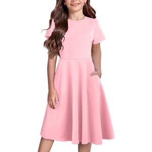 Girls Short Sleeve Dresses Crew Flowy Twirl School Casual Summer Midi Basic Dress Pockets for 7-14 Years Teen Girl, (9-10Y) (Pink)
