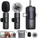 Mini Microphone, 3 in 1 Wireless Lavalier Microphones for iPhone, iPad, Camera and Android Devices, Noise Reduction Lapel Mic (Abyssal black)