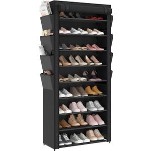 Tall Shoe Rack with Cover - 9 Tiers Shoe Organizer Large Capacity Storage with 8 Side Pockets 30-45 Pairs and Boots Vertical Shoe Cabinet for Closets, Garage, Entryway, Dorm, Bedroom