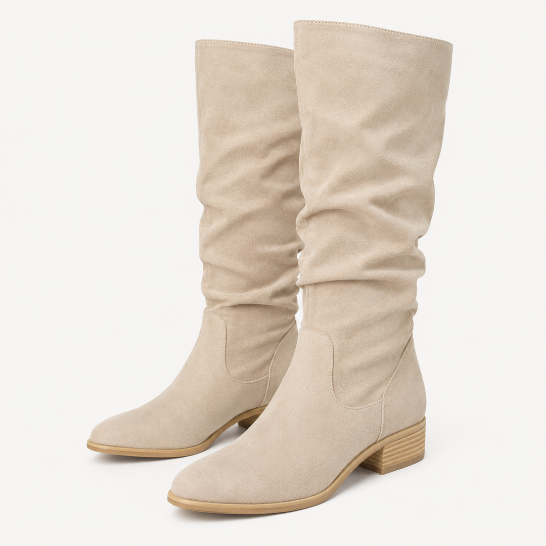 Women's Knee High Boots Flat Low Heel Slouch Pointed Toe Winter Shoes with Side Zipper, Size 39