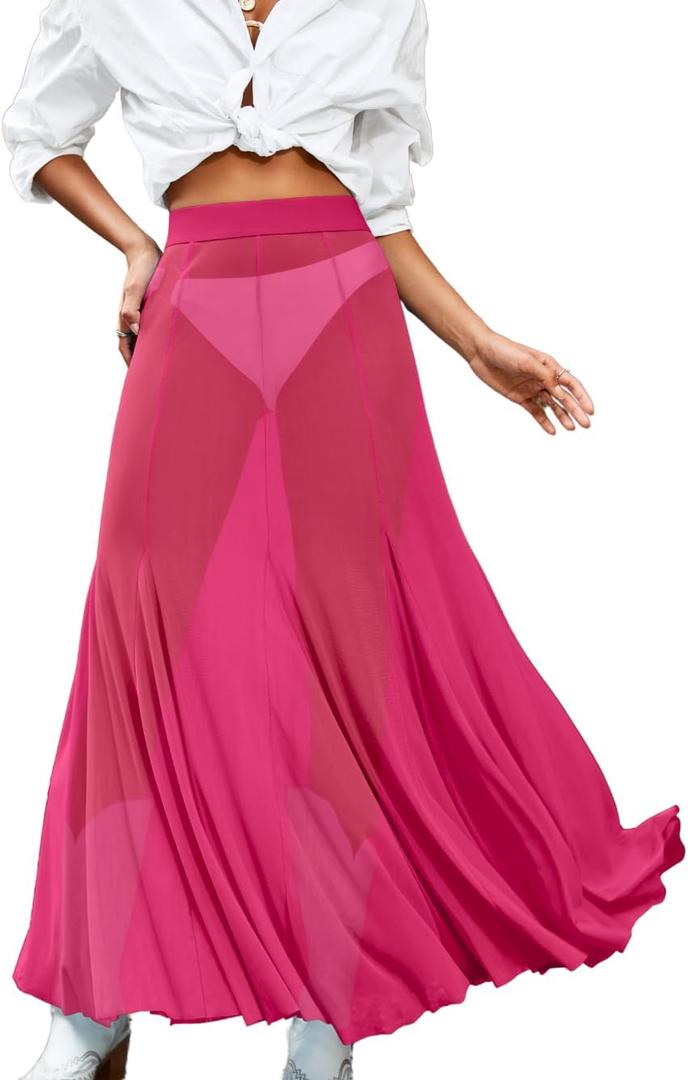 Women's Sheer Mesh Maxi Skirt, Long Flowy Pleated Swim Cover Up, for Festival Rave Outfits (Large, Hot Pink)