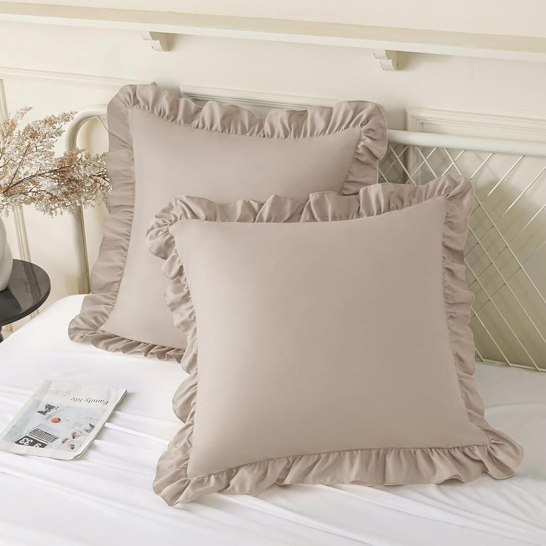 KKJIAF Ruffle Pillow Cases 26x26 Inches, Khaki Square Ruffled Pillow Covers Set of 2, Microfiber Wrinkle Resistant Pillow Shams with Envelope Closure for Sofa Bed Living Room