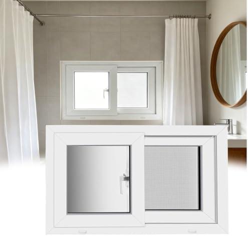 Frosted Glass Basement Window with Screen, Sliding Window with Enhanced Weathertight Seal & Lock, for Privacy in Bath & Storage Room, White Aluminum Frame(W 24" x H 12")