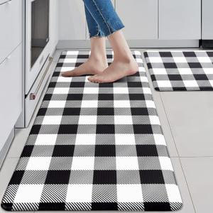 MAYHMYO 2 PCS Anti Fatigue Rugs Non Skid Waterproof Floor Mat Cushioned Black and White Farmhouse Comfort Standing Kitchen Mats for Floor, House, Sink, Office (17.3"x 29"+ 17.3"x 47"--0.4 inches)