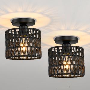 Ceiling Light Fixture,Hand-Woven Rattan Flush Mount Ceiling Light,Farmhouse Light Fixtures Ceiling Mount Boho for Hallway Bedroom Kitchen Entryway Living Room (2 Pack Black)