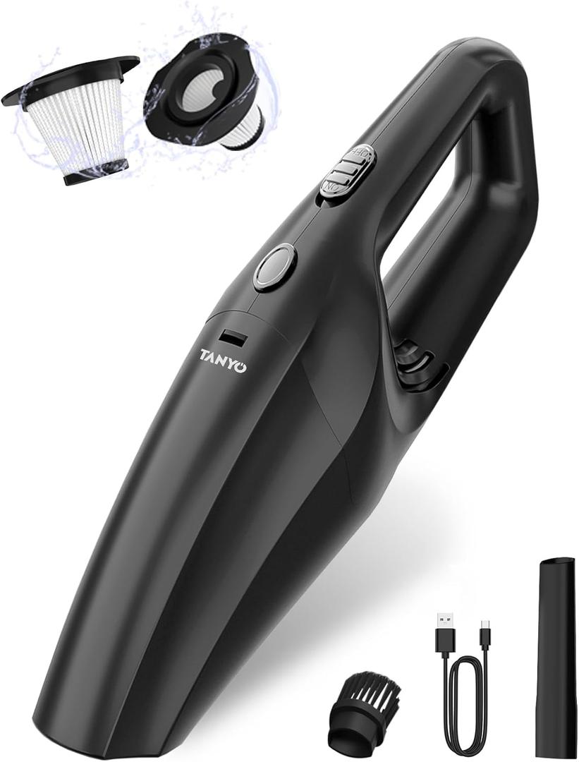 TANYO Handheld Car Vacuum Cordless, Portable Vacuum Cleaner with High Power Suction, Rechargeable Hand Held Vacuum, Mini Handheld for Car Home Office, Pet Hair, Black