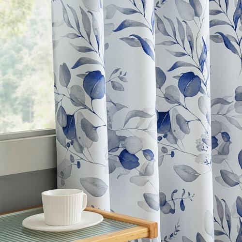 Xwincel 100% Blackout Curtains 84 Inches Long for Bedroom, Blue Floral Printed Curtains for Living Room Darkening Thermal Insulated Watercolor Patterned Drapes, Grommet Window Curtains 2 Panels