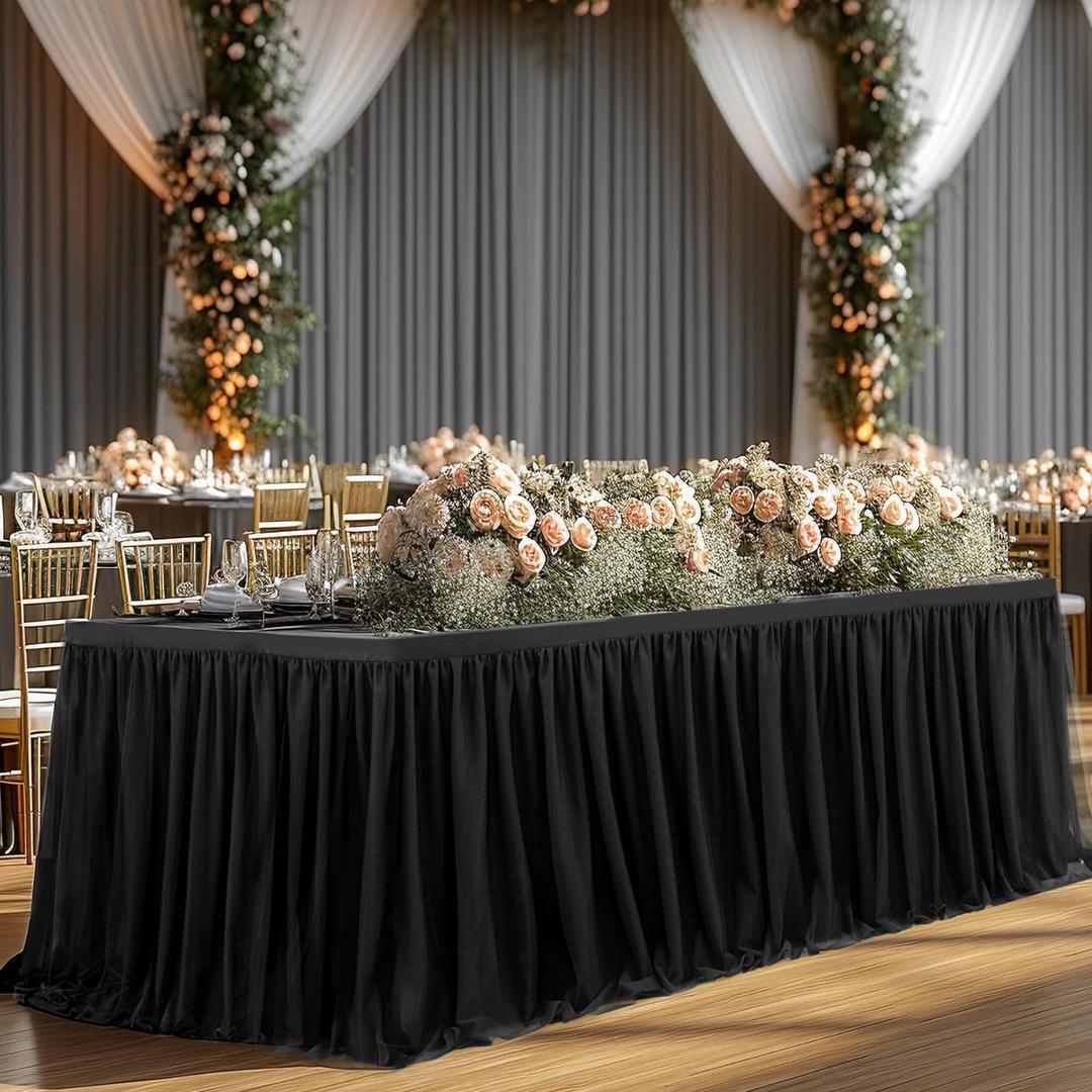 2-in-1 Black Tulle Table Skirt Tablecloth for 6 Foot Rectangle Tables, Black Party Tablecloths Ruffle Tutu Table Skirt Stretch Fitted Table Covers for Birthday Retirement Funeral Banquet Bachelorette