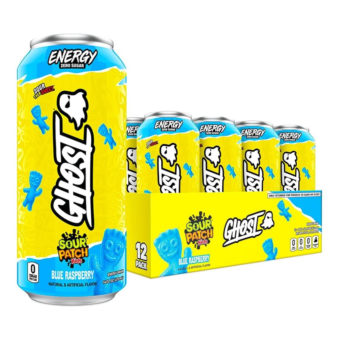 GHOST Energy Drink - 12-Pack, Sour Patch Kids Blue Raspberry, 16oz - Energy & Focus & No Artificial Colors - 200mg Natural Caffeine, L-Carnitine & Taurine - Gluten-Free & Vegan, Best By: 10/2026