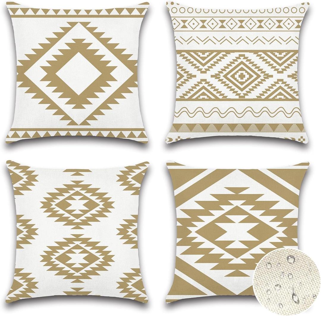 OTOSTAR Outdoor Waterproof Throw Pillow Covers 18x18 Inch Set of 4 Boho Farmhouse Outdoor Cushion Covers for Patio Funiture GardenGeometry80-Khaki
