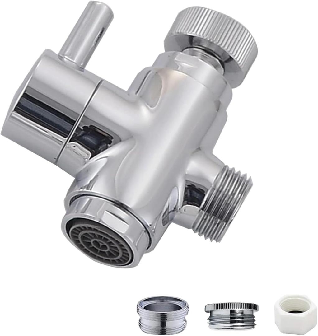 Brass Diverter Valve with Aerator, 3 Way Splitter with Male Thread Adapter, 360 Swivel Faucet Adapter for Sink Hose Attachment, Bathroom/Kitchen Faucet Connector (Chrome)