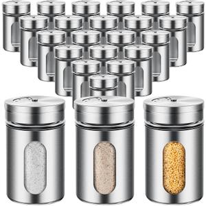 Dandat 24 Pcs Salt and Pepper Shakers Stainless Steel Spice Shakers with Adjustable Pour Holes and Glass Window 3.4oz Salt Dispenser Spice Jars with Rotating Lids for Sugar Seasoning Home