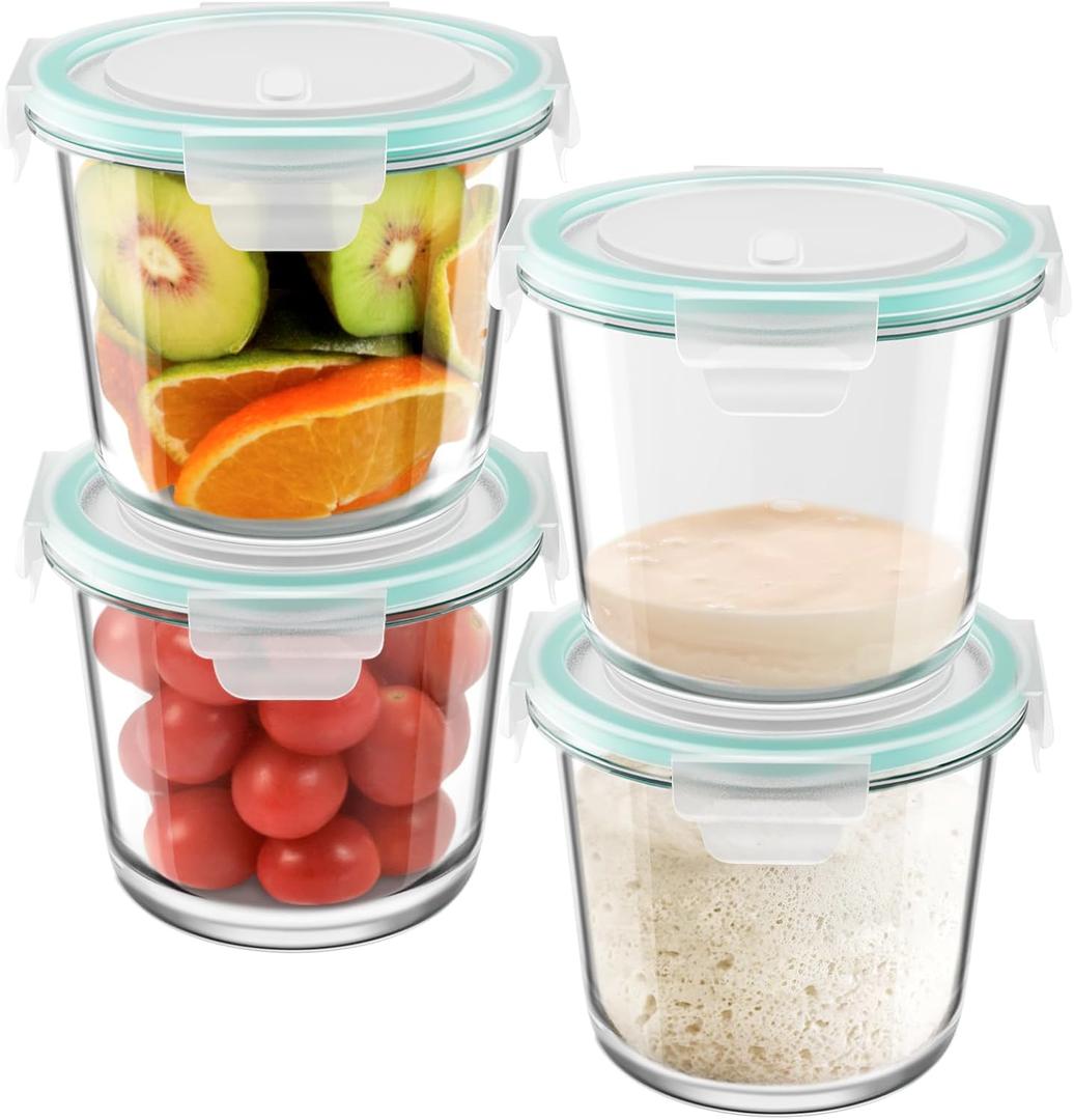 3 Cup Glass Meal Prep Containers With Turquoise Lids, Airtight 23oz glass Storage Container Set, Heat-Resistant BPA-Free for feeding the Southern Starter, Microwave, Dishwasher, Freezer Safe (4 Packs)