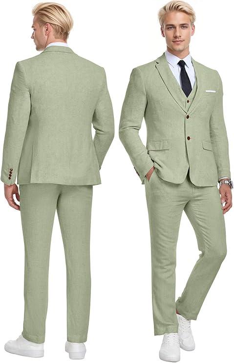 Wehilion Retro Linen Men 2 Pieces Suit Beach Wedding Suit Summer Slim Fit  Light Weight Linen Suit Jacket and 1 Vest Pant Tuxedo, M-LG, Light Green