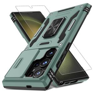DEERLAMN Case for Samsung Galaxy S25 Ultra with Slide Camera Cover, Rotated Ring Kickstand Military Grade Shockproof Protective Cover-Green