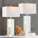 Hamucd 3-Color Temperature Mirrored Bedside Table Lamps Set of 2 for Living Room,Tall Silver Bling Modern Nightstands Lamps for Bedroom with 2 Bulbs,Full Mirror Cutting Design with White Fabric Shade