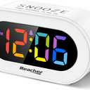REACHER Small Colorful LED Digital Alarm Clock with Snooze, Simple to Operate, Full Range Brightness Dimmer, Adjustable Alarm Volume, Outlet Powered Compact Clock for Bedrooms, Bedside, Desk, Shelf