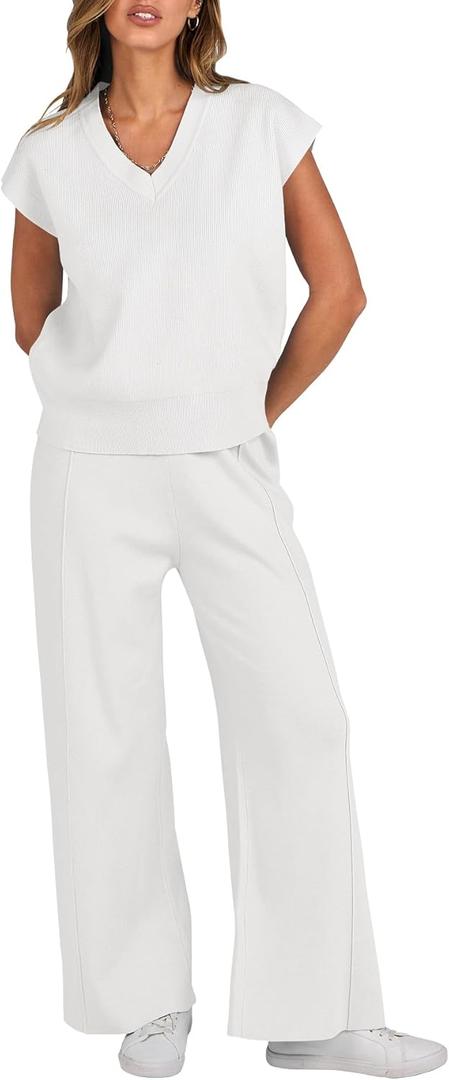 Caracilia Women's Summer 2 Piece Sweater Vest Sets Knit Top & Wide Leg Pants Lounge Matching Set 2025 Spring Airport Outfits White Small