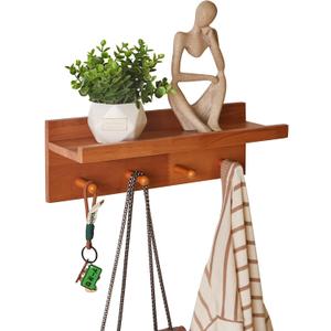 Wall Mounted Hook with Shelf,15.75in Entryway Wall Hanging Shelf, Solid Wood Coat Hooks, for Bathroom, Kitchen, Cherry Wood Color YD-WS0240C