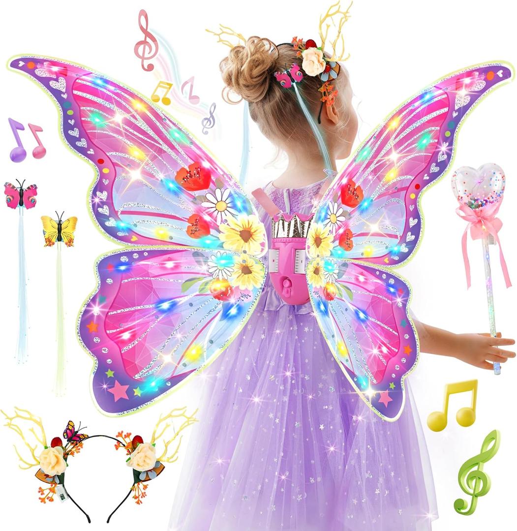 SMILESSKIDDO Electric Butterfly Wings - Princess Dress up Costume and Light Up Fairy Wings with LED Lights & Music, Cosplay Skirt/Headband/Wand, Halloween for Girls, Kids
