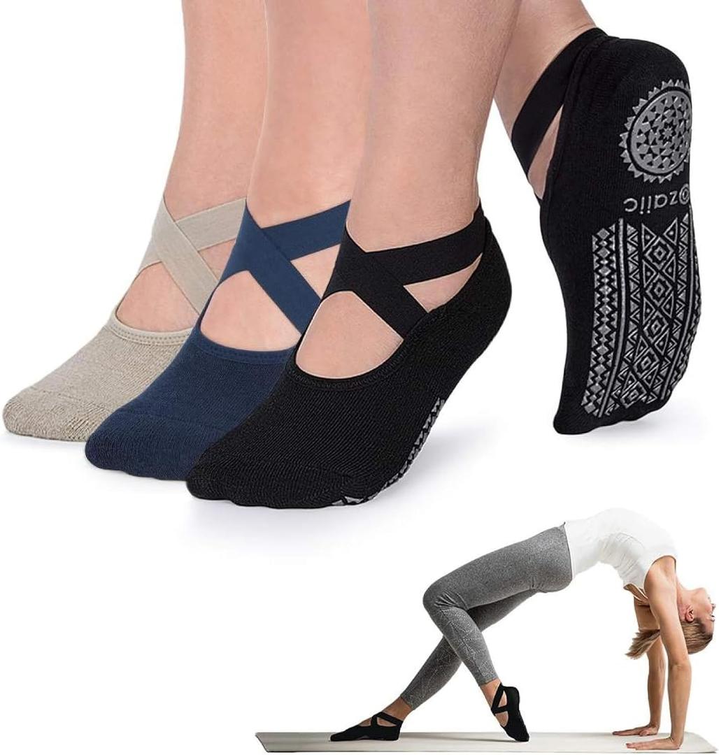 Ozaiic Pilates Socks for Women Non Slip Grip, Yoga Socks with Grippers for Barre, Hospital, Ballet, Dance, Barefoot Workout (3 Pairs - Olive Green/ Black/ Navy)