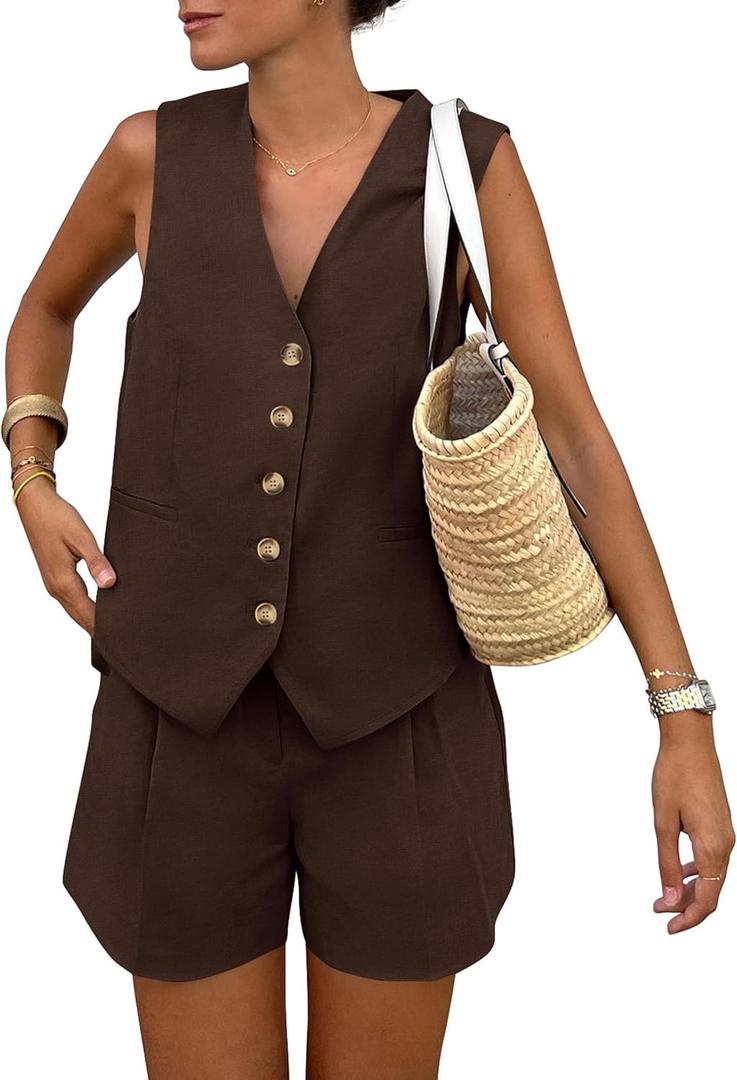 PRETTYGARDEN Women's Summer 2 Piece Outfits Sleeveless Matching Sets Button Down V Neck Vest Waistcoat and Pockets Shorts (Medium, Dark Coffee)