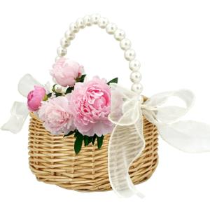 Flower Girl Basket - Woven Rattan Wedding Basket with Pearl Handle & Lace Bow, Rustic Elegant Flower Holder for Wedding Party, Garden Decor, Home Decoration